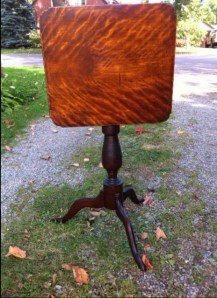 flame birch tilt-top table from Nova Scotia