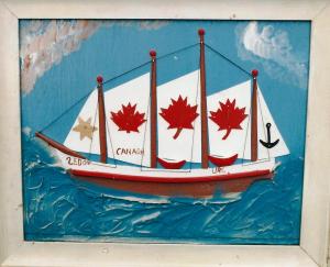 Framed plaster relief painting of a Canadian boat